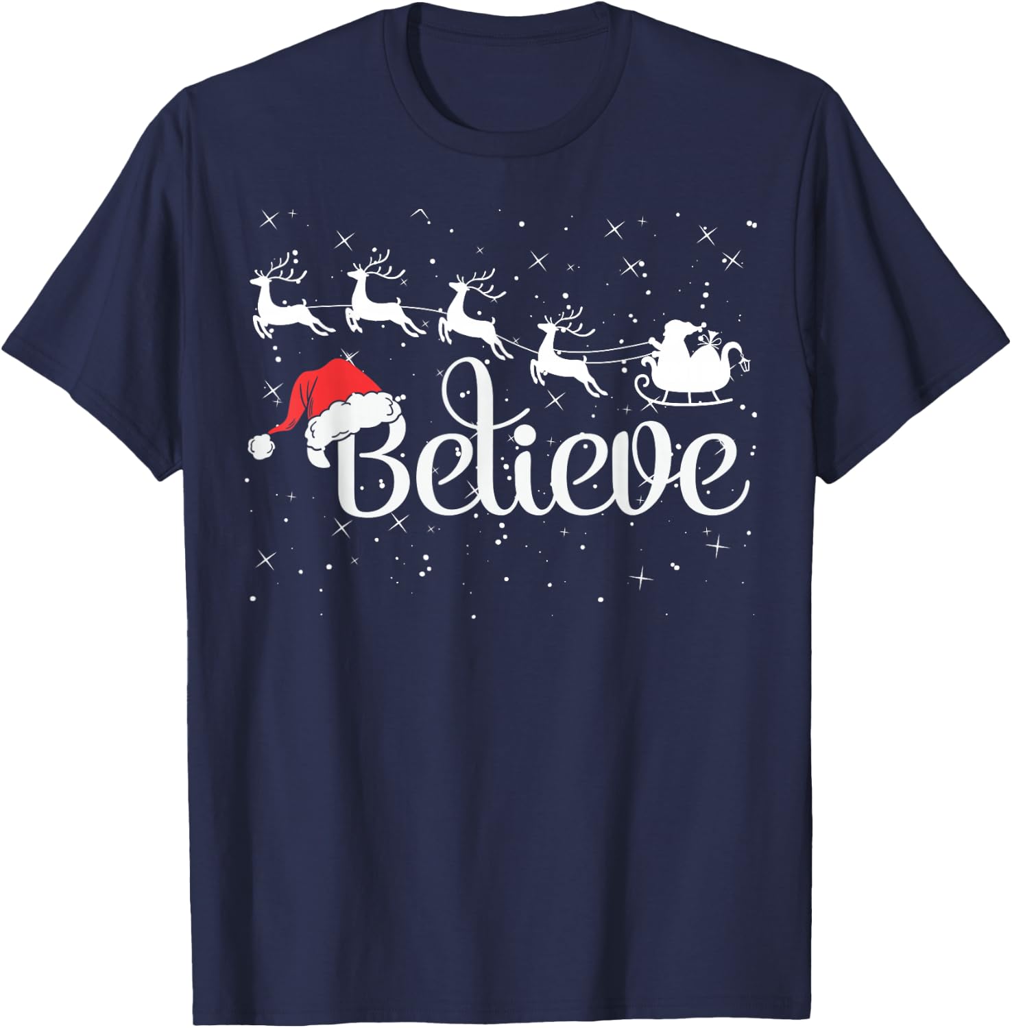Christmas Believe in Santa with Sleigh Reindeer & Santa Hat T-Shirt - T-Shirt | Navy