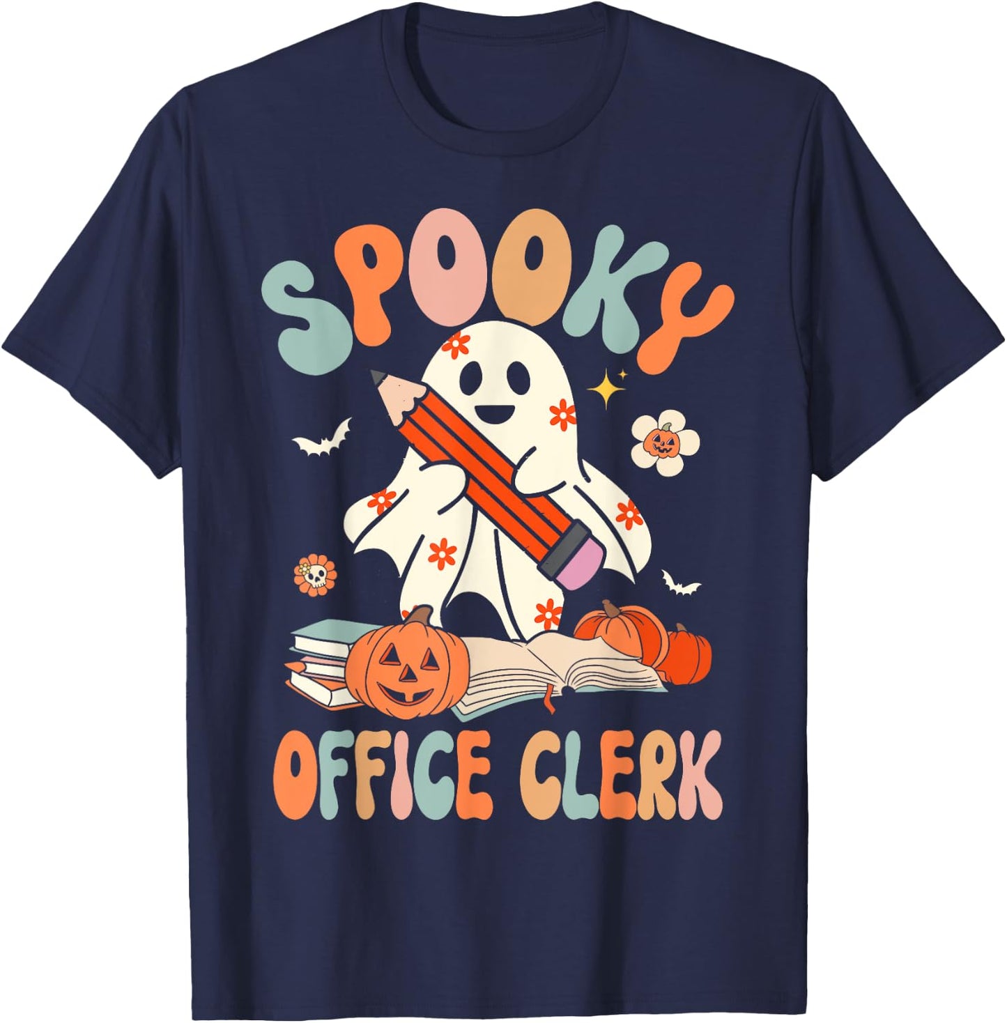Groovy Halloween Spooky Office Clerk Retro Floral Ghost T-Shirt - T-Shirt | Navy