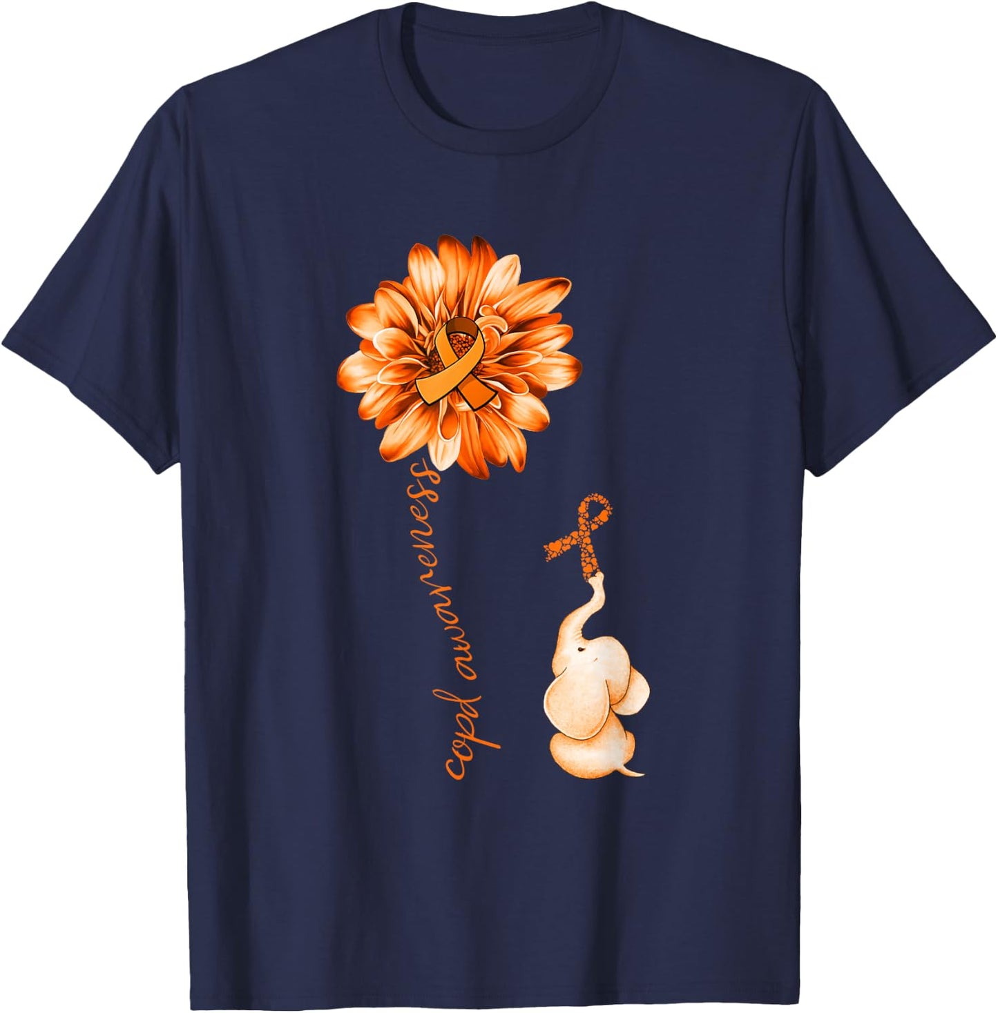 Elephant Sunflower Orange Ribbon COPD Awareness T-Shirt - T-Shirt | Navy