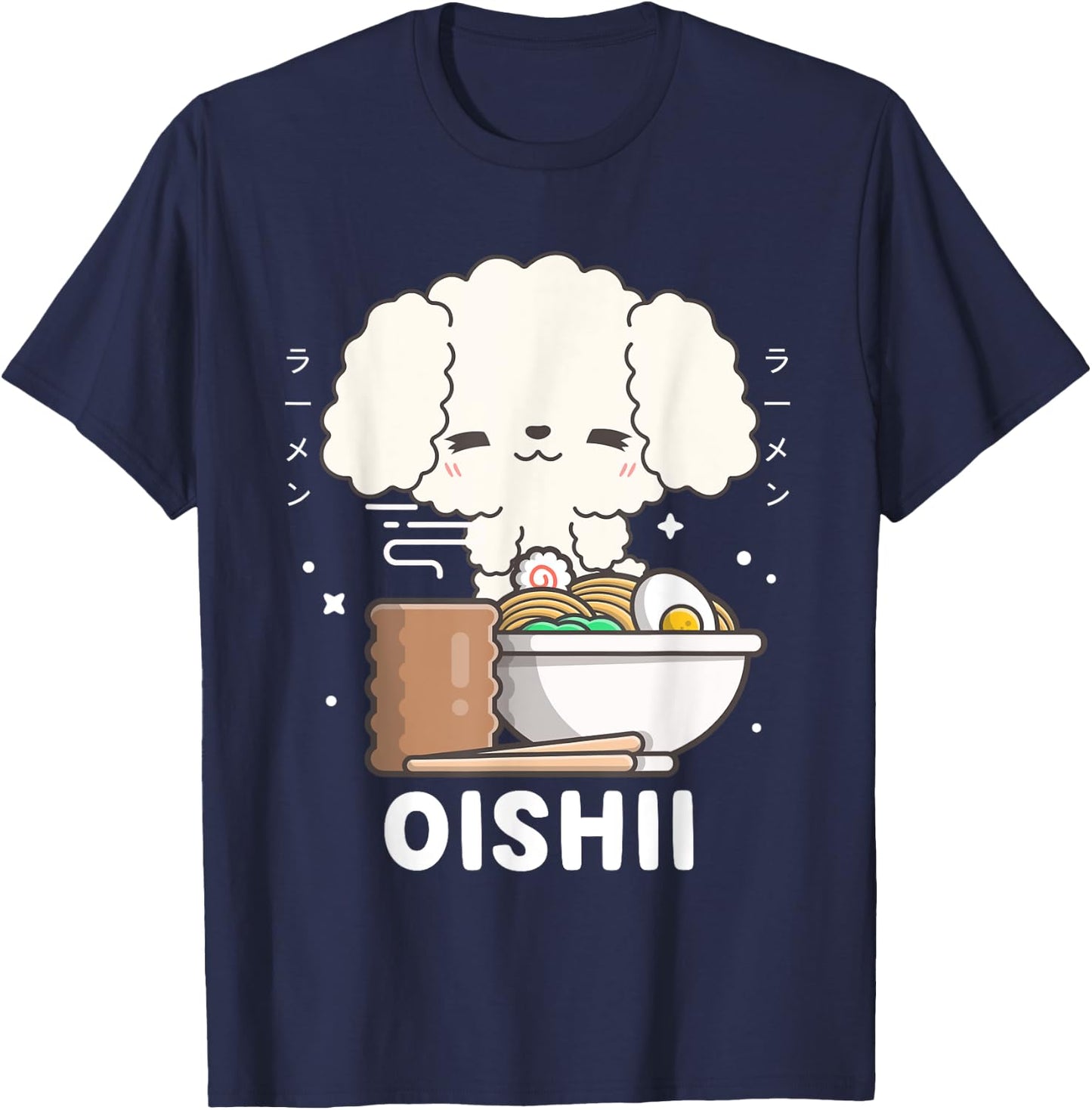 Kawaii Poodle Eats Japanese Ramen Noodles Kawaii Aesthetic T-Shirt - T-Shirt | Navy