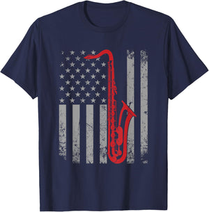 Saxophone Musician Jazz Music American Flag For Saxophonist Women Kids Men T-Shirt - T-Shirt | Navy