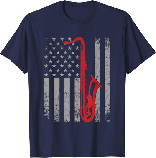 Saxophone Musician Jazz Music American Flag For Saxophonist Women Kids Men T-Shirt - T-Shirt | Navy