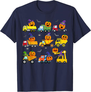 Construction Vehicle Halloween Crane Truck Pumpkin Boys Kids T-Shirt - T-Shirt | Navy