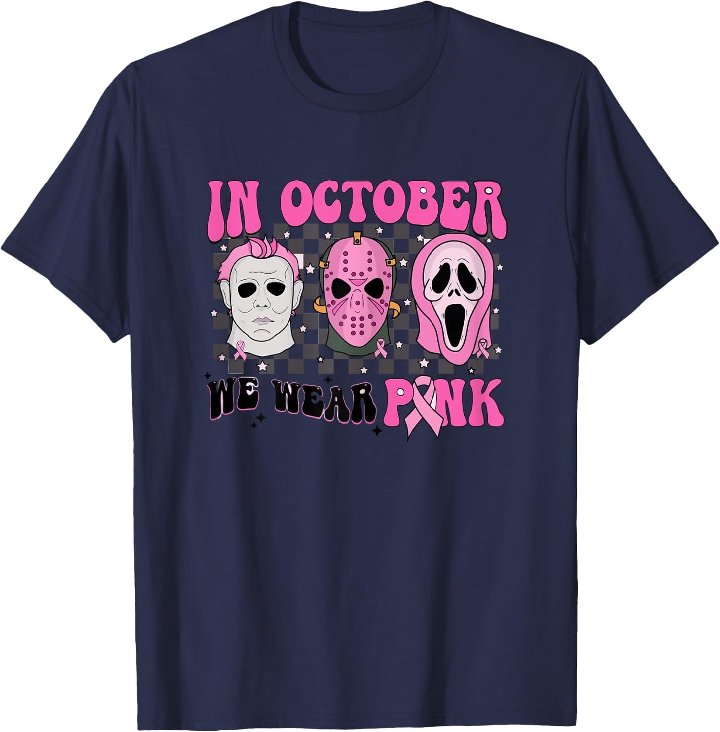Pink Breast Cancer Awareness Scream Halloween Horror Retro T-Shirt - T-Shirt | Navy