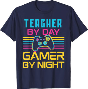Teacher By Day Gamer By Night Meme For Video Games Lover T-Shirt - T-Shirt | Navy