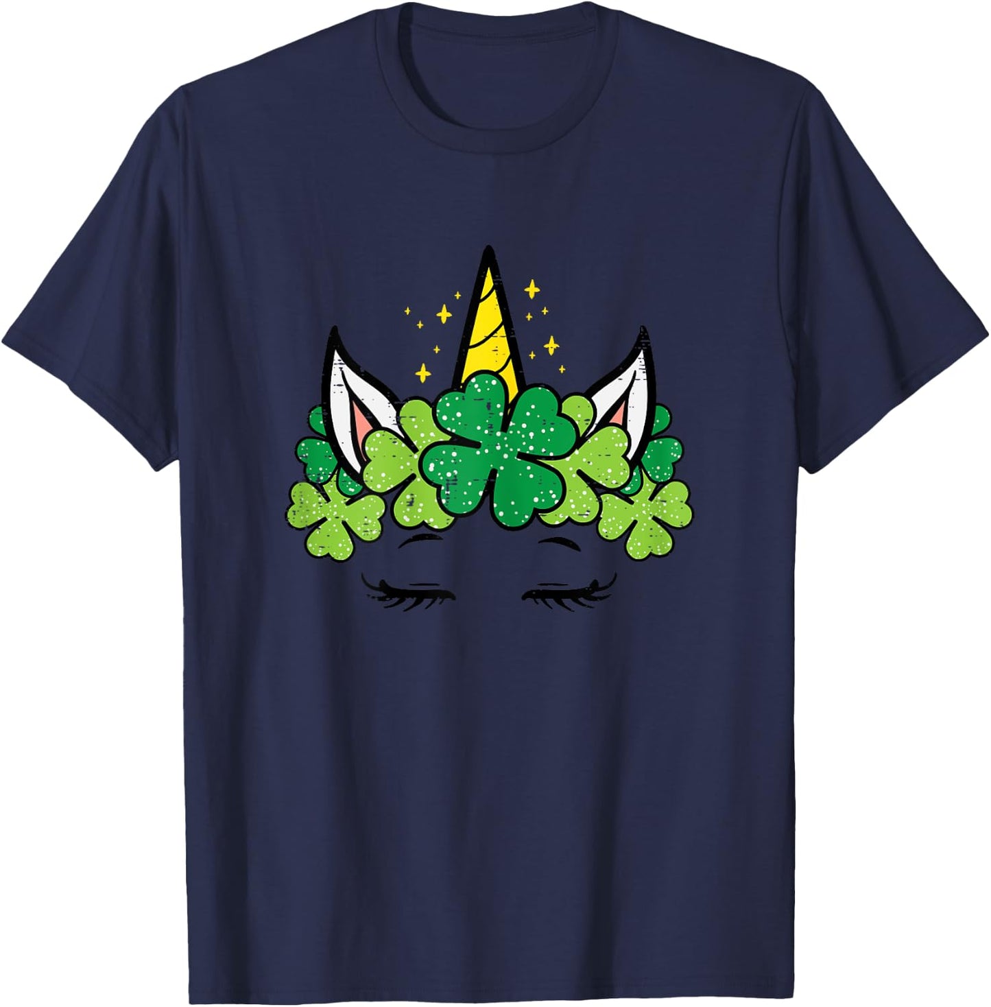 St Patricks Day Unicorn Face Shamrock Pattys Toddler Girls T-Shirt - T-Shirt | Navy