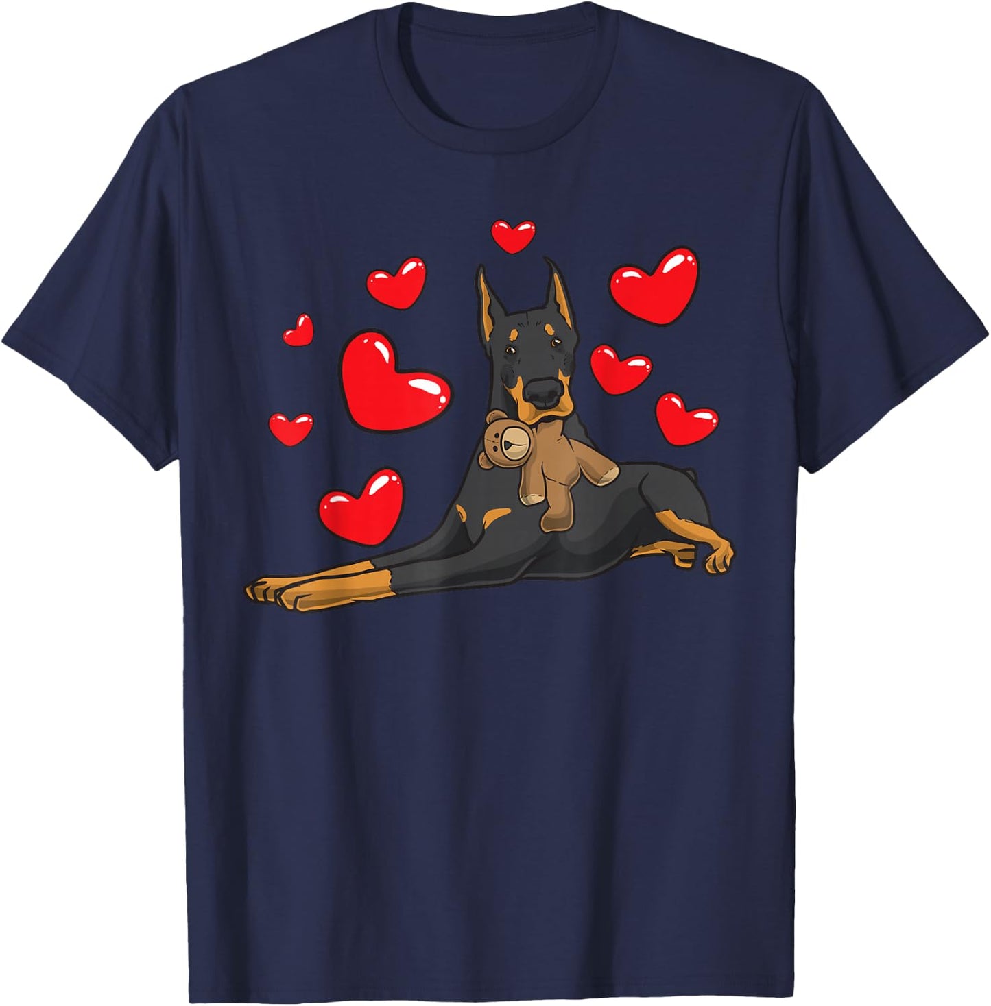 Doberman Dog with Plush Toy T-Shirt - T-Shirt | Navy