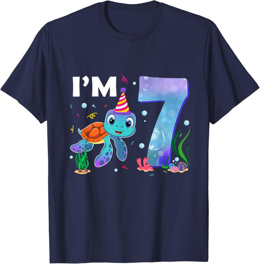 Sea Turtle Birthday I'm 7 Ocean Theme 7th Birthday Girl T-Shirt - T-Shirt | Navy