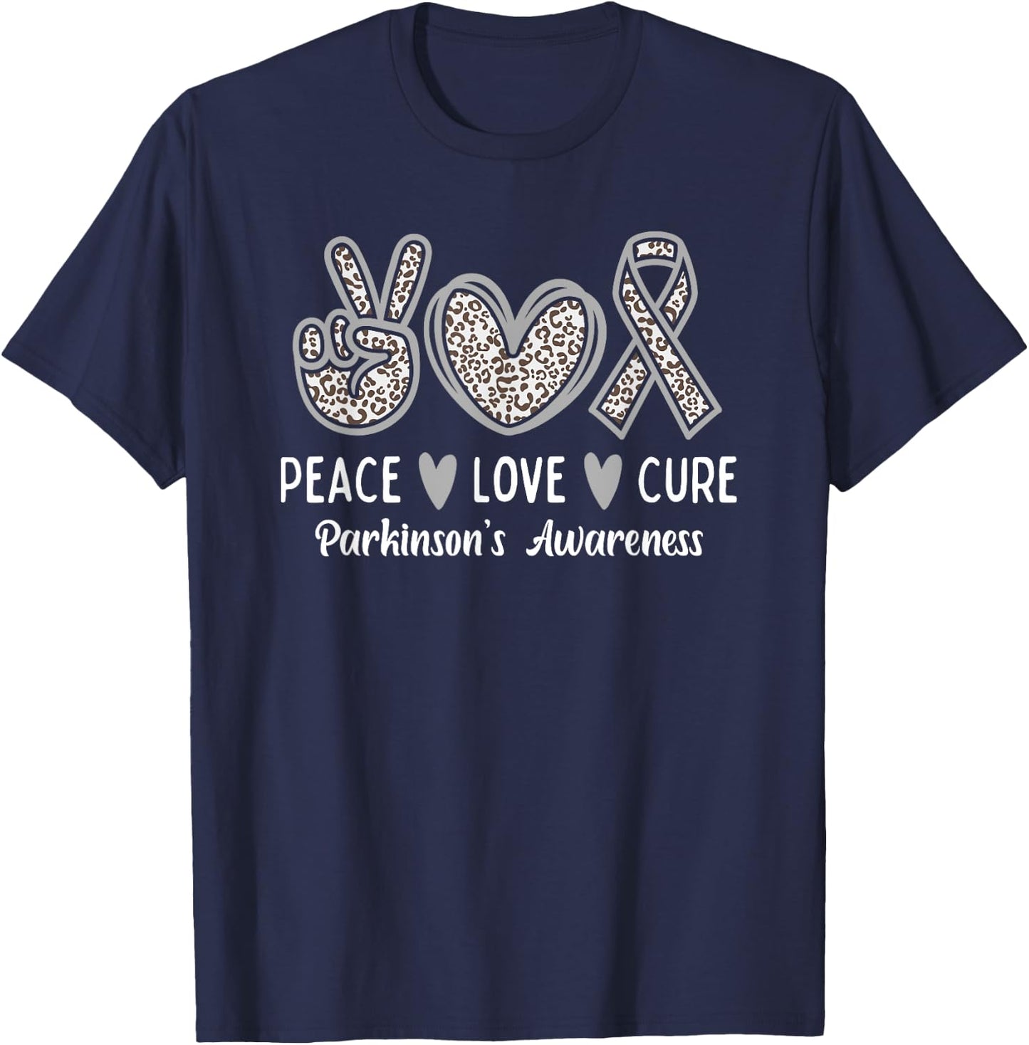 Peace Love Cure Gray Ribbon Leopard Parkinson's Awareness T-Shirt - T-Shirt | Navy