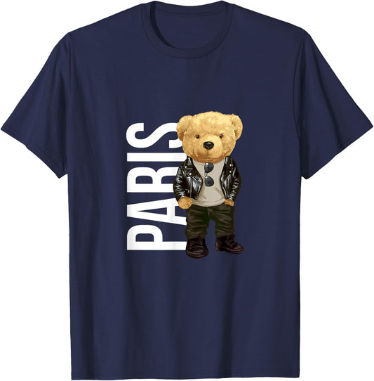 Cool Teddy Bear in Paris France Illustration Graphic Designs T-Shirt - T-Shirt | Navy