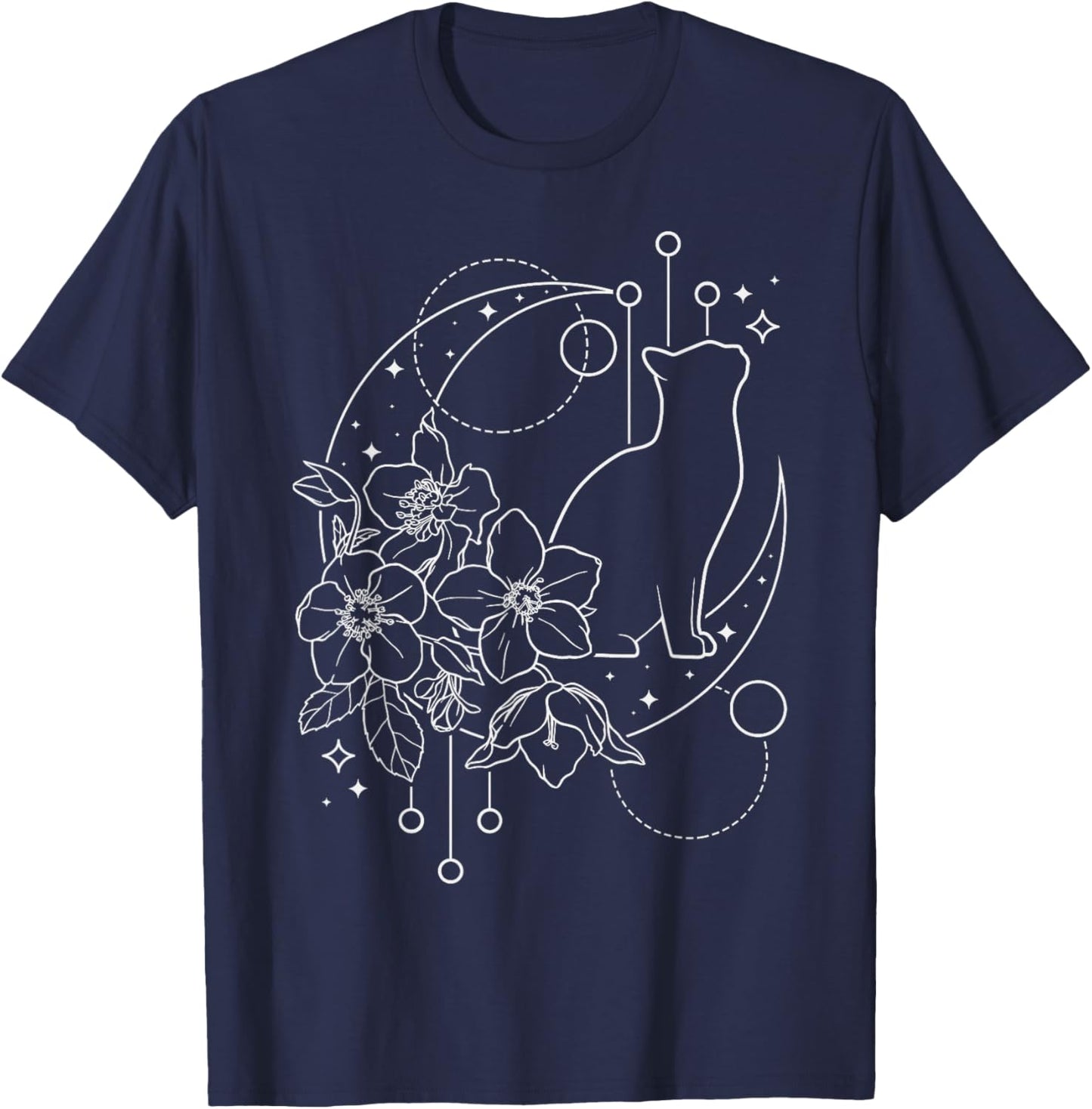 Astrology, Cat with Floral Crescent moon, Dream catcher T-Shirt - T-Shirt | Navy