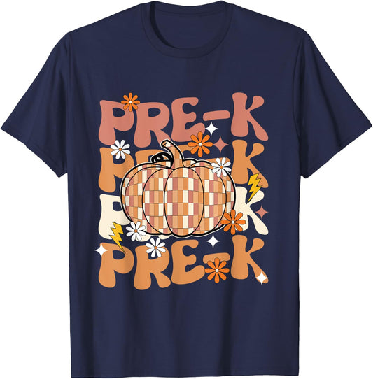 Pre-K Teacher Thanksgiving, Halloween Fall Pumpkin Teacher T-Shirt - T-Shirt | Navy