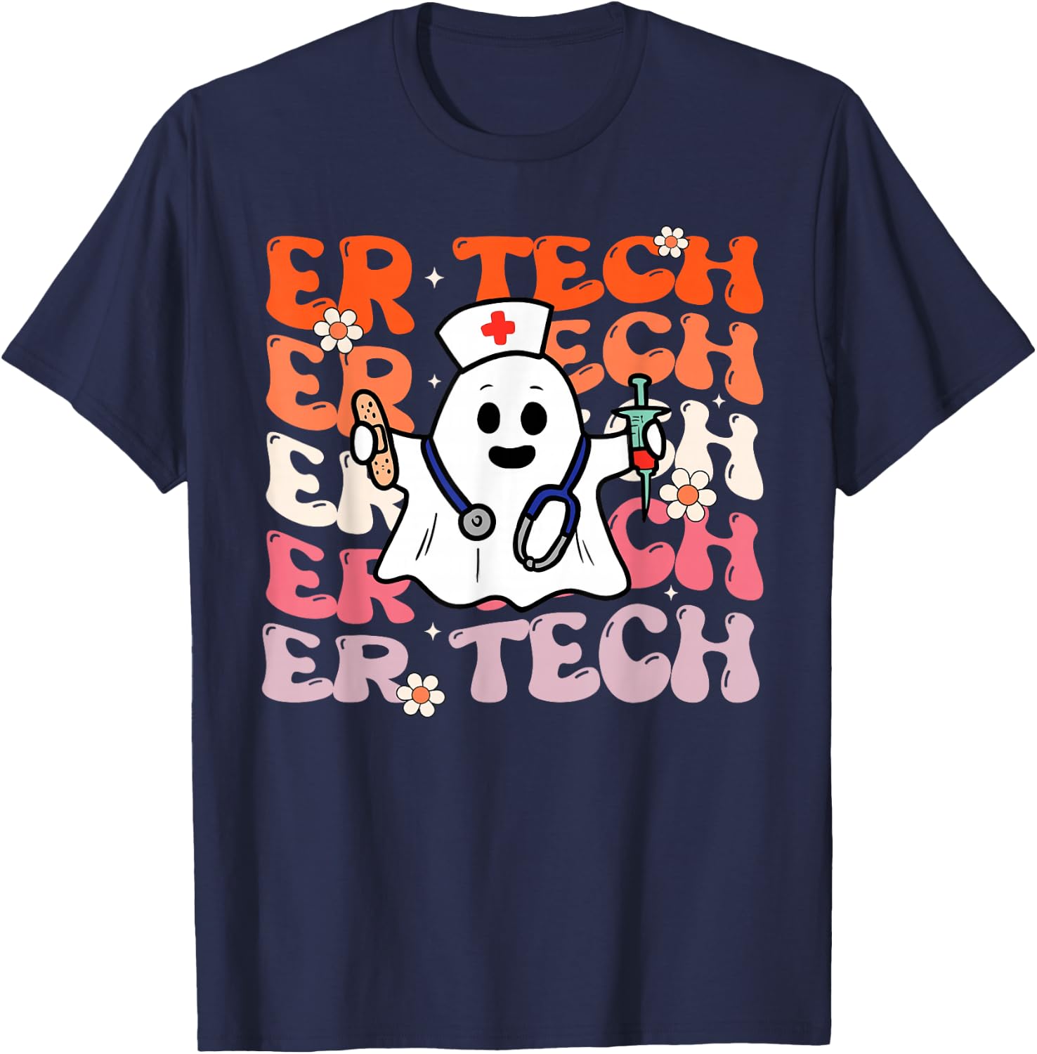ER Tech Groovy Funny Halloween Ghost Nursing Spooky Costume T-Shirt - T-Shirt | Navy