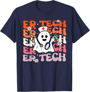 ER Tech Groovy Funny Halloween Ghost Nursing Spooky Costume T-Shirt - T-Shirt | Navy