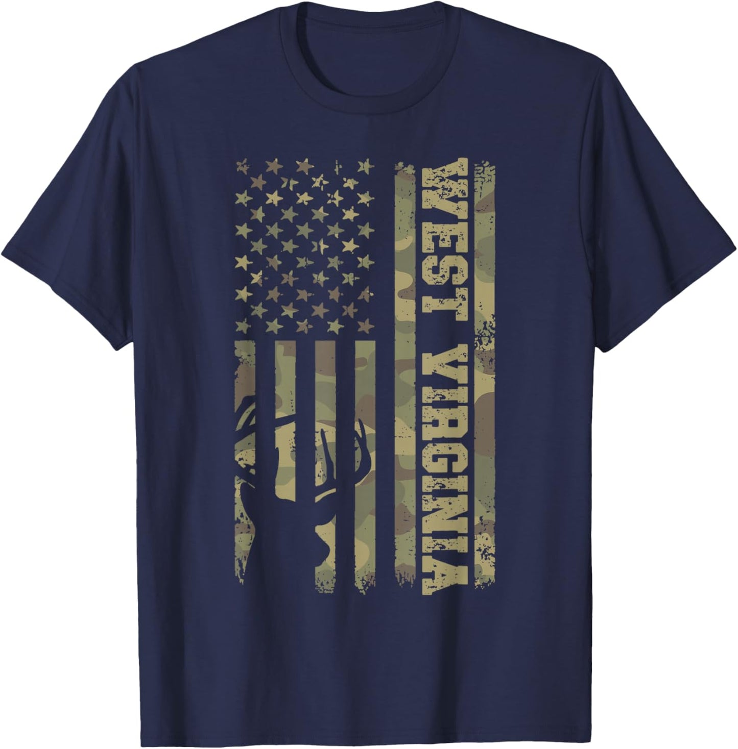 West Virginia Deer Hunter Vintage Deer Hunting Camo USA Flag T-Shirt - T-Shirt | Navy