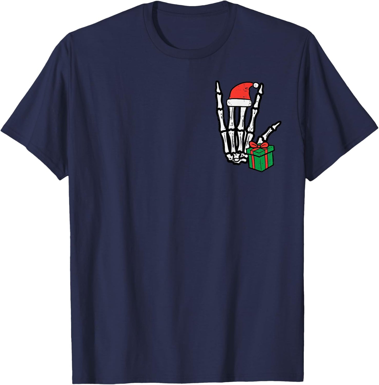 Christmas Rocker Skeleton Hand Pocket Xmas Rock Men Boys Kid T-Shirt - T-Shirt | Navy
