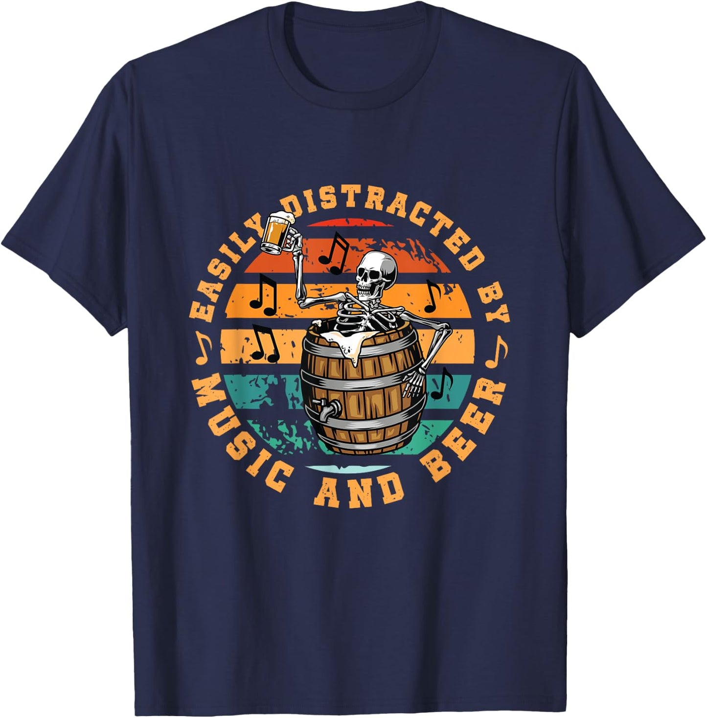 Easily Distracted By Music And Beer | Skeleton In A Barrel T-Shirt - T-Shirt | Navy