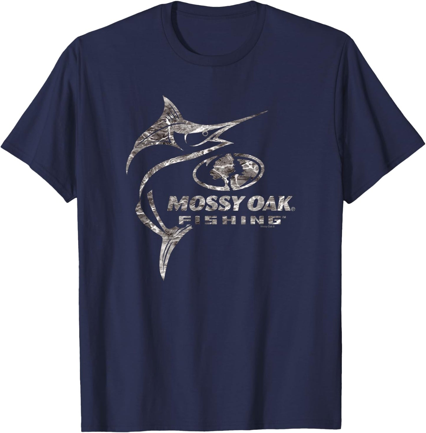 Mossy Oak Fishing Marlin Target Ocean Outdoors Grey Logo T-Shirt - T-Shirt | Navy