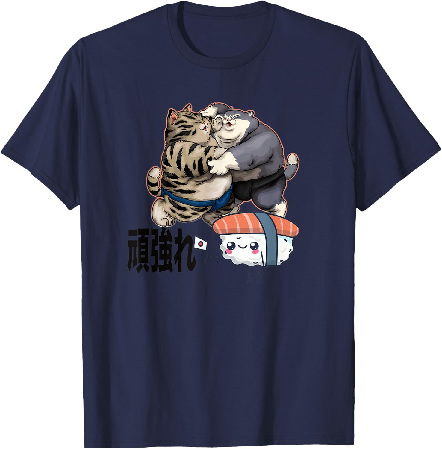 Sumo Cats Fighting for Sushi Japanese T-Shirt - T-Shirt | Navy