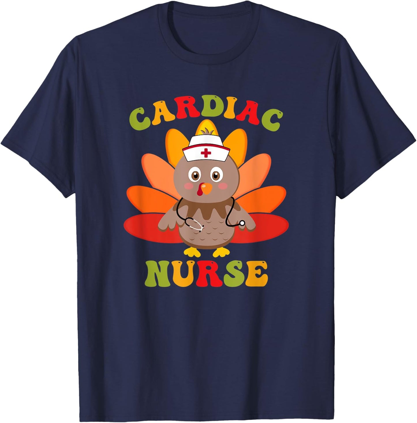 Cardiac Nurse Turkey Stethoscope Thanksgiving Cardiology T-Shirt - T-Shirt | Navy