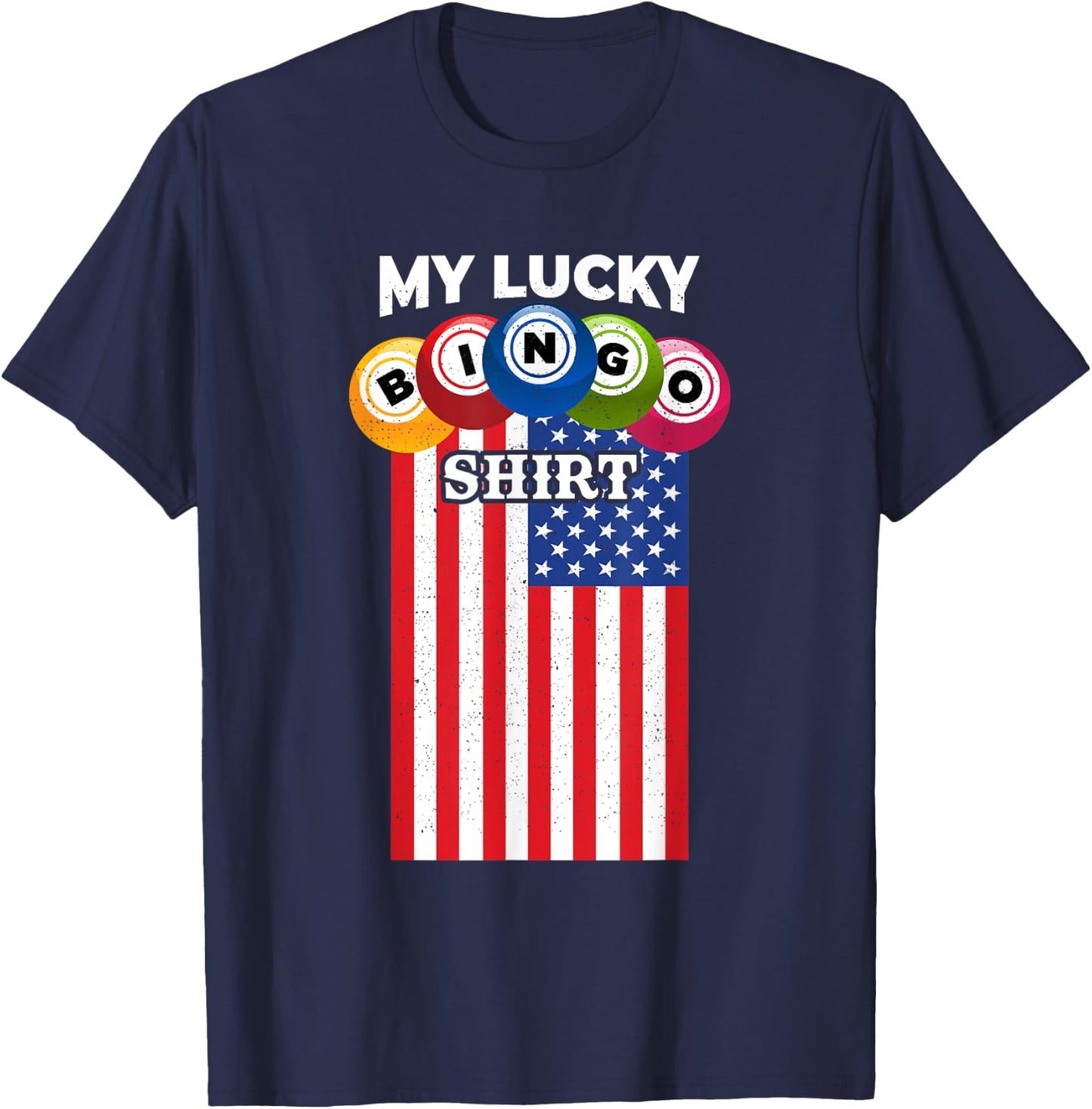 Lucky Bingo With American Flag Funny Bingo Player T-Shirt - T-Shirt | Navy