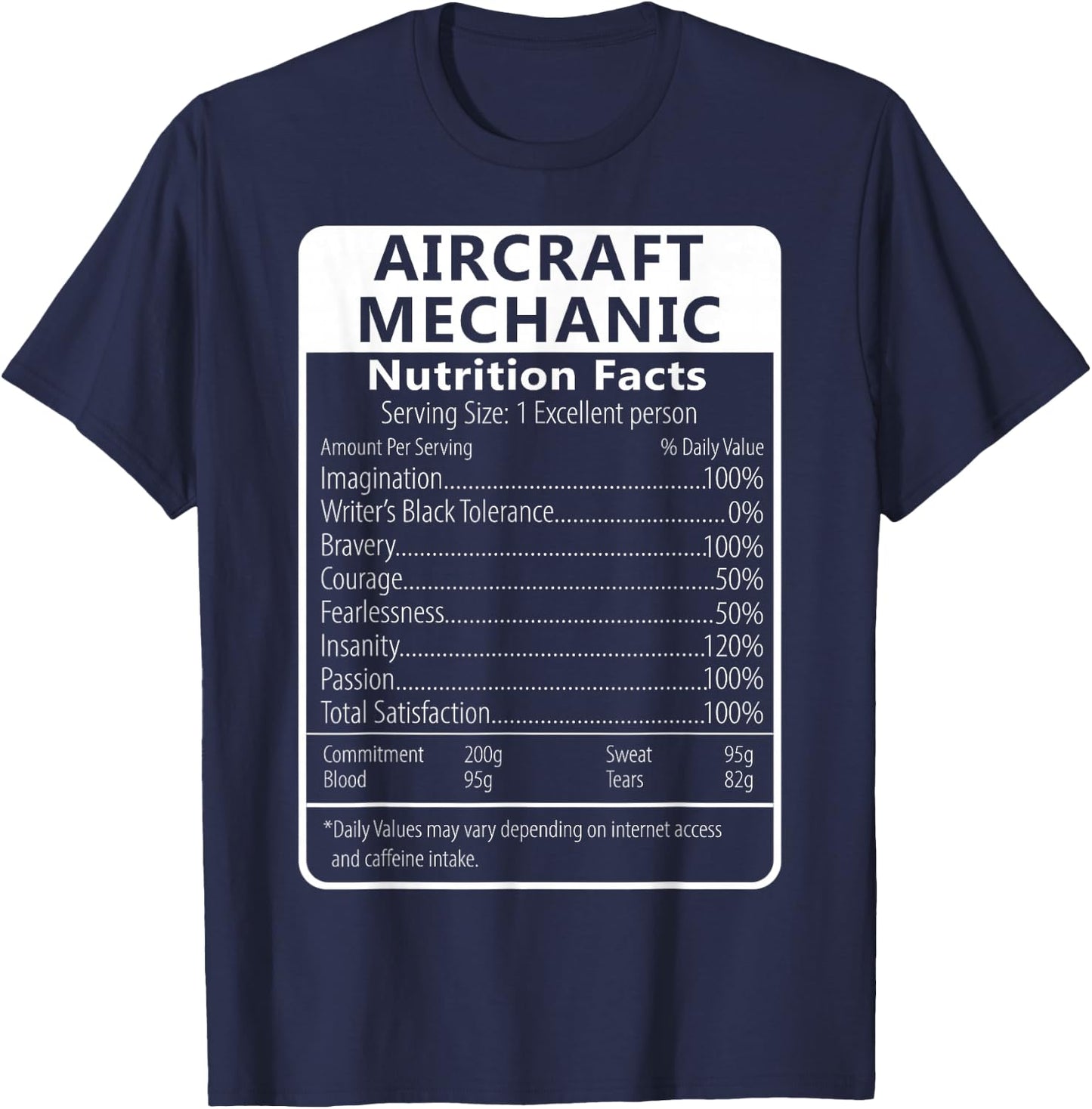 Aircraft Mechanic Nutrition Facts Sarcastic T-Shirt - T-Shirt | Navy