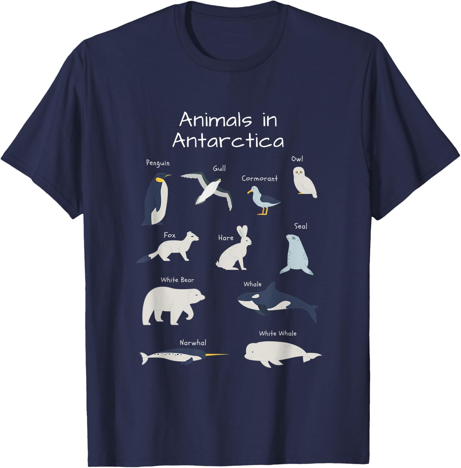 Antarctica Animals Narwhal Bear Penguin Seal Whale Owl Fox T-Shirt - T-Shirt | Navy
