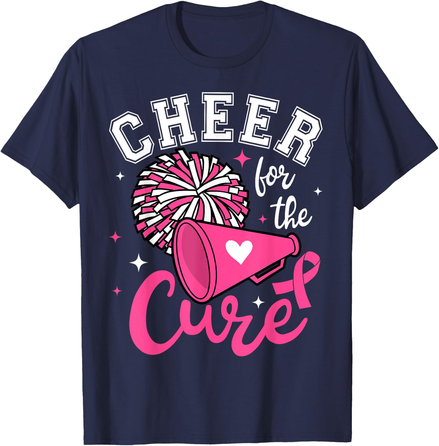 Cheer for the cure Cute Cheerleader Pink Ribbon Pom Pom T-Shirt - T-Shirt | Navy