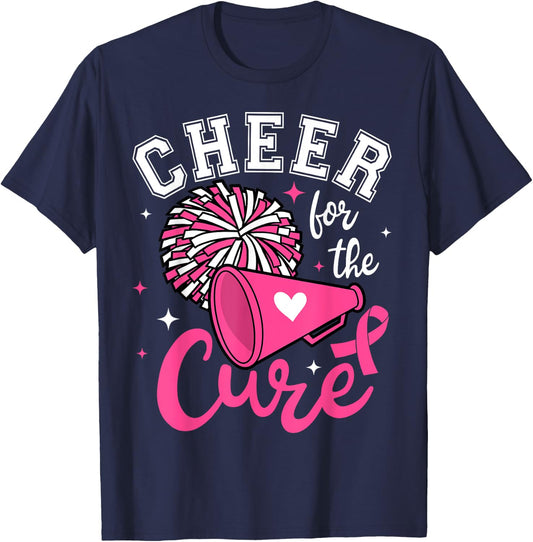 Cheer for the cure Cute Cheerleader Pink Ribbon Pom Pom T-Shirt - T-Shirt | Navy
