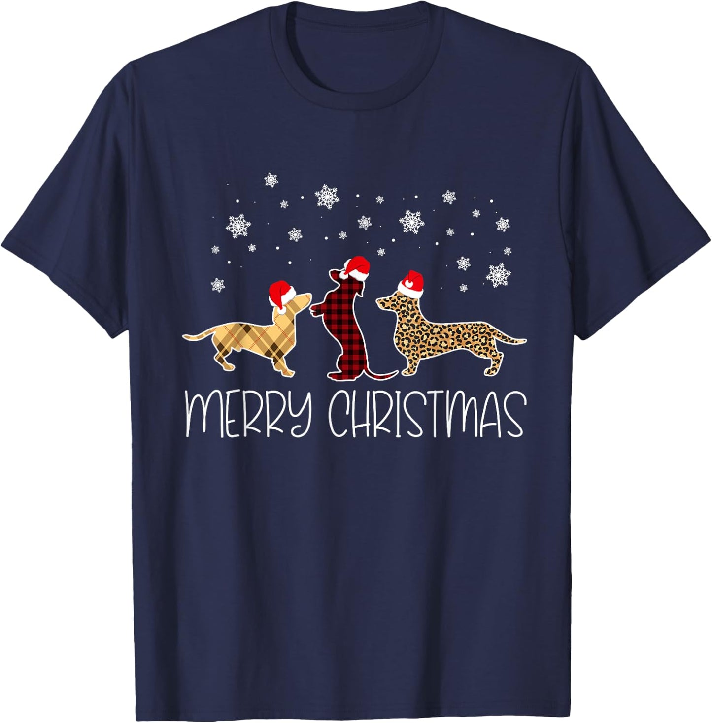 Dachshund Merry Christmas Cute Plaid Leopard Doxie Dog X-Mas Women Kids T-Shirt - T-Shirt | Navy