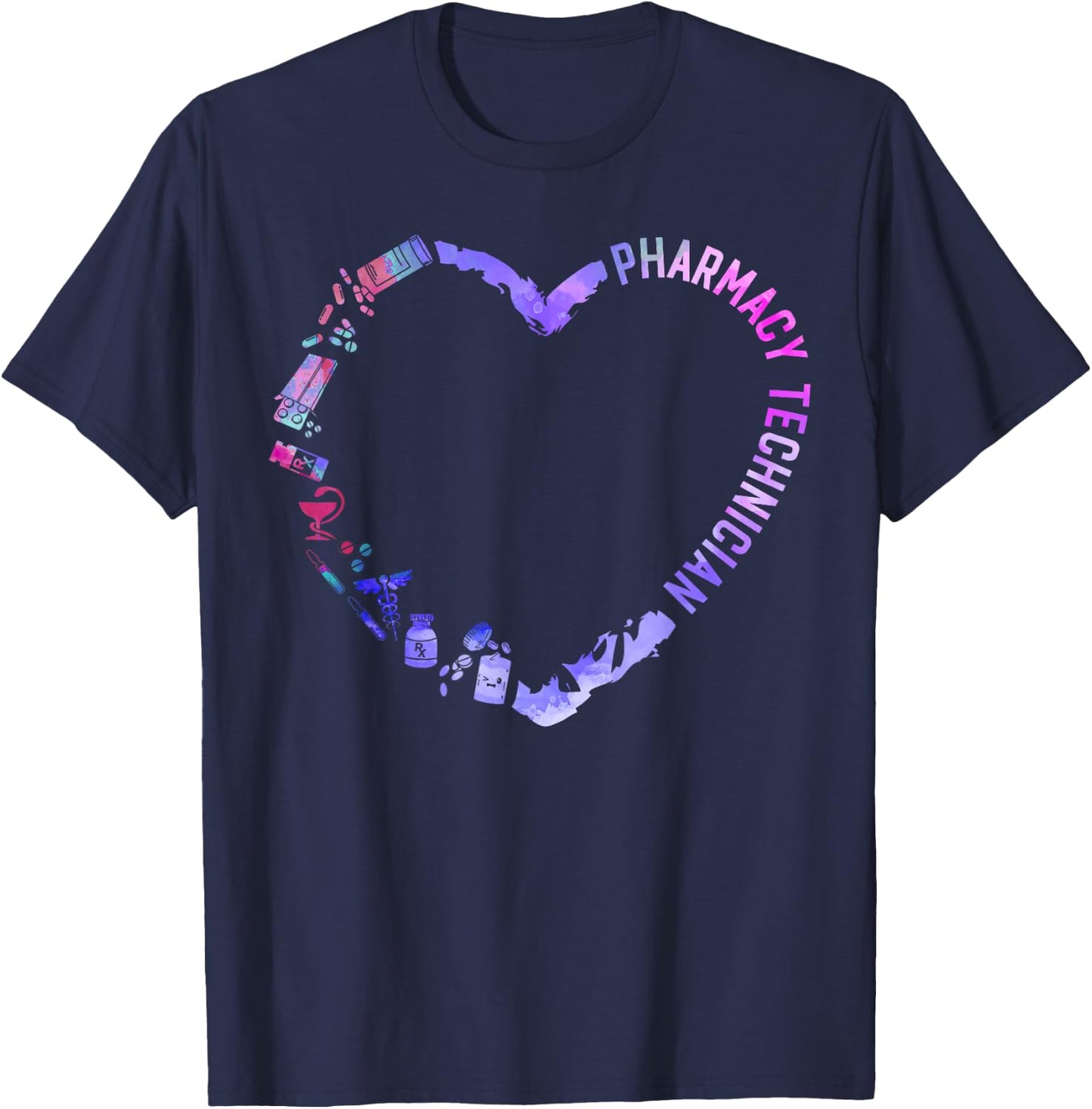 Pharmacy Tech Technician Pharmacist Student Heart Watercolor T-Shirt - T-Shirt | Navy