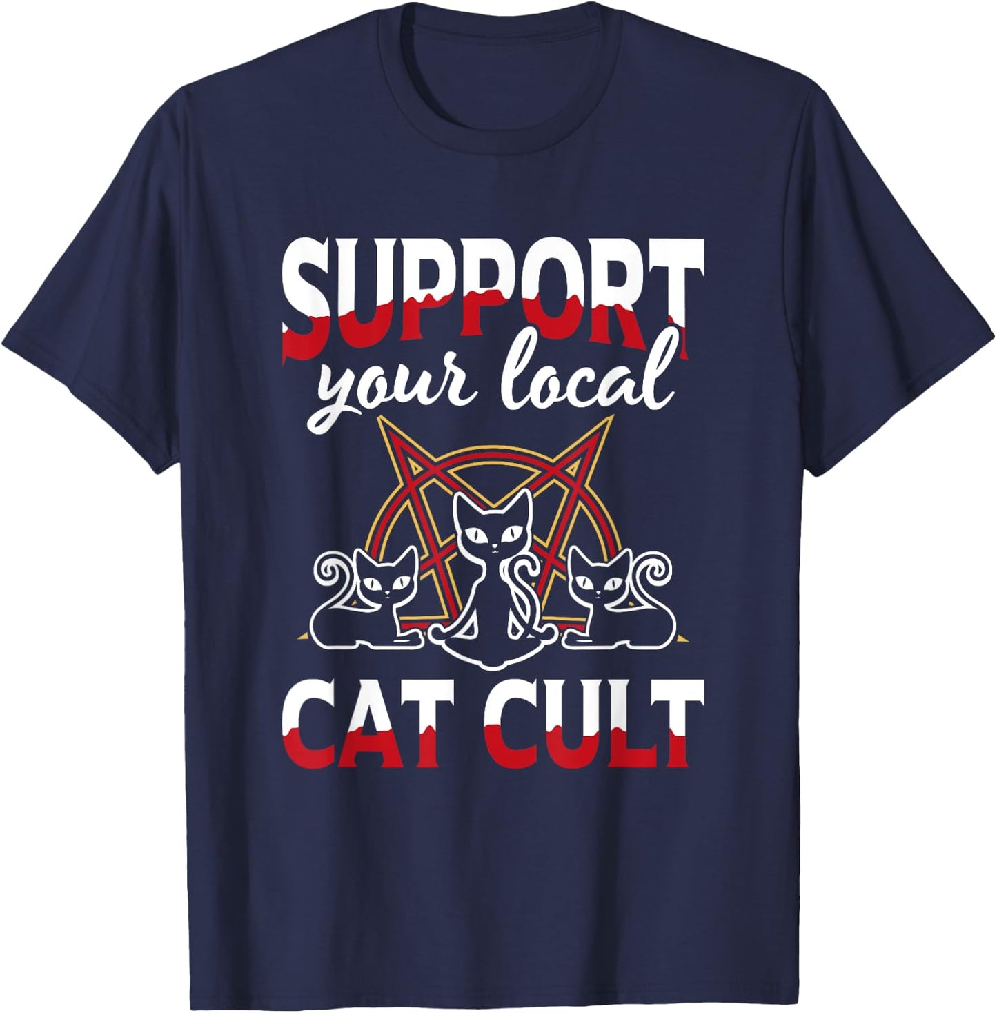 Support Your Local Cat Cult Gothic Baphomet Occult Demon Cat T-Shirt - T-Shirt | Navy