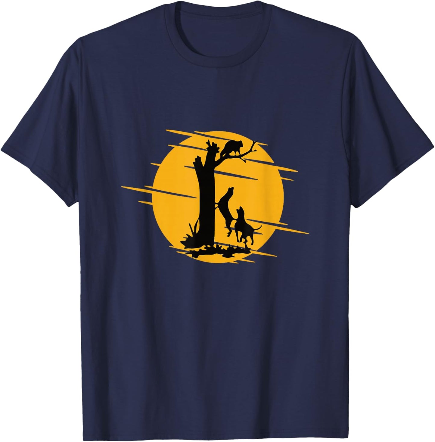 Coonhound Lovers Apparel & Gifts -Adults, -Kids Black Cotton Short Sleeve Classic Fit - Dog Treeing A Raccoon Howling - Fun Coon Hunting T-Shirt - T-Shirt | Navy