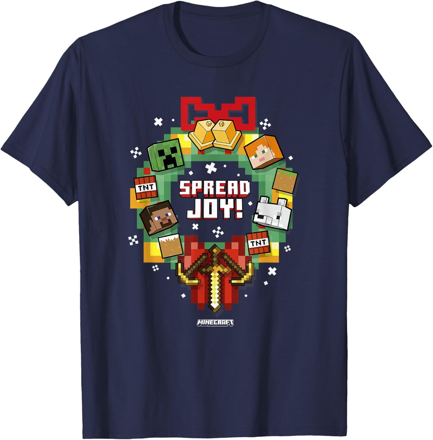 Minecraft Christmas Wreath Spread Joy T-Shirt - T-Shirt | Navy