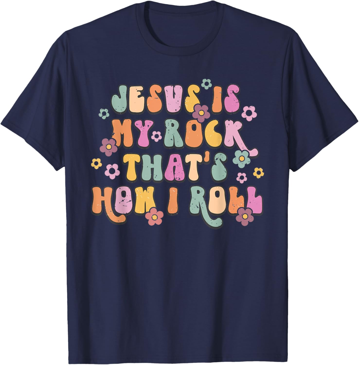 Leopard Jesus Is My Rock And That Is How I Roll Retro Groovy T-Shirt - T-Shirt | Navy