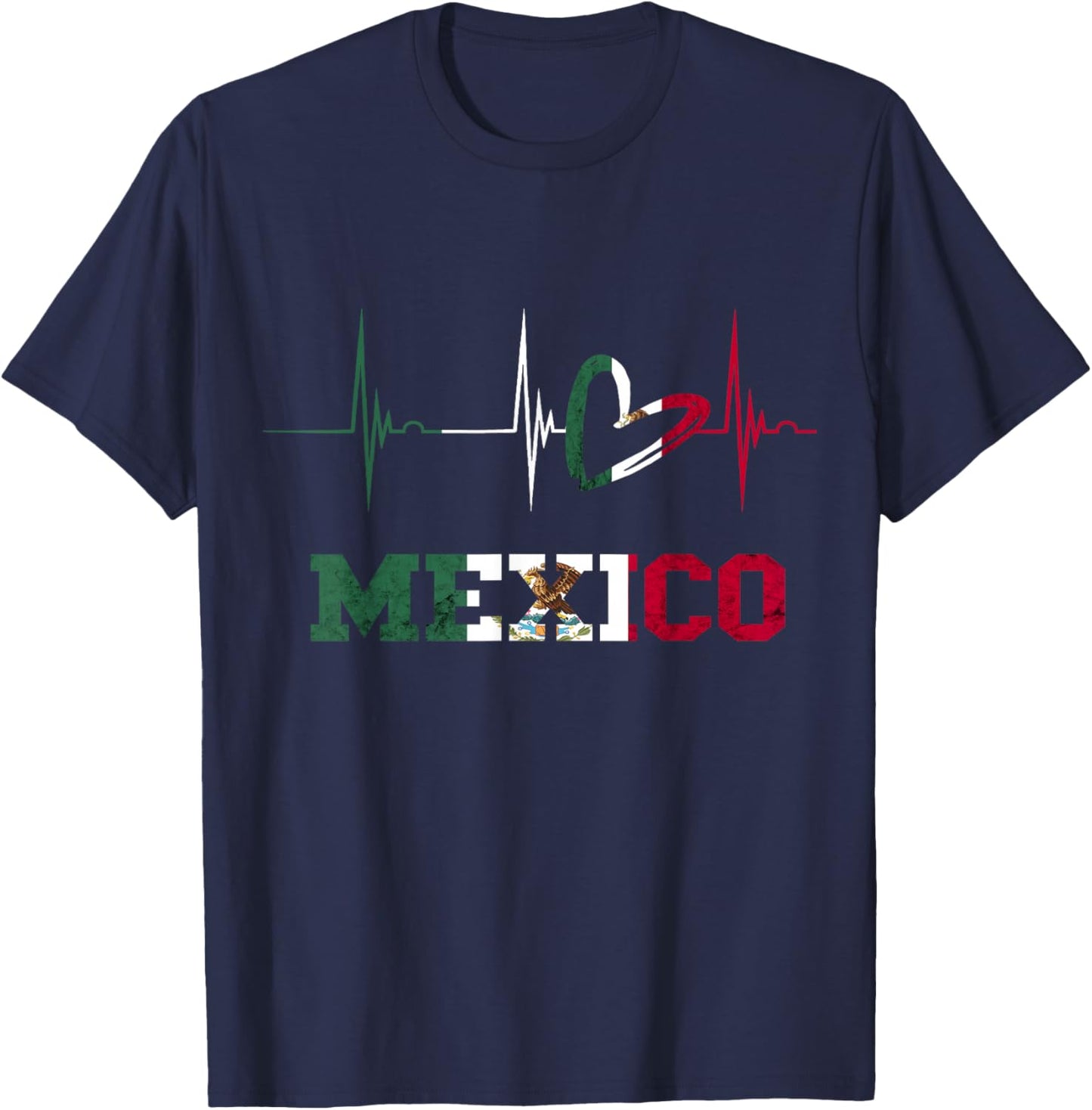Mexico Heart Heartbeat EKG Pulse Cardiogram Mexico Flag T-Shirt - T-Shirt | Navy