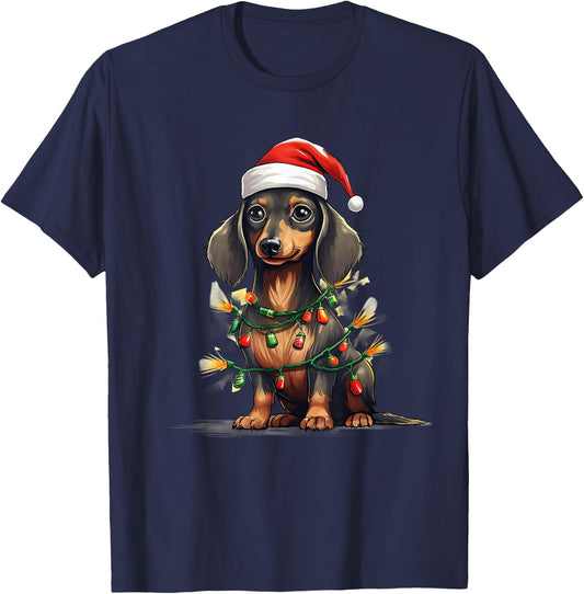 Merry Christmas Dachshund Santa Hat Lights Xmas Men Women T-Shirt - T-Shirt | Navy