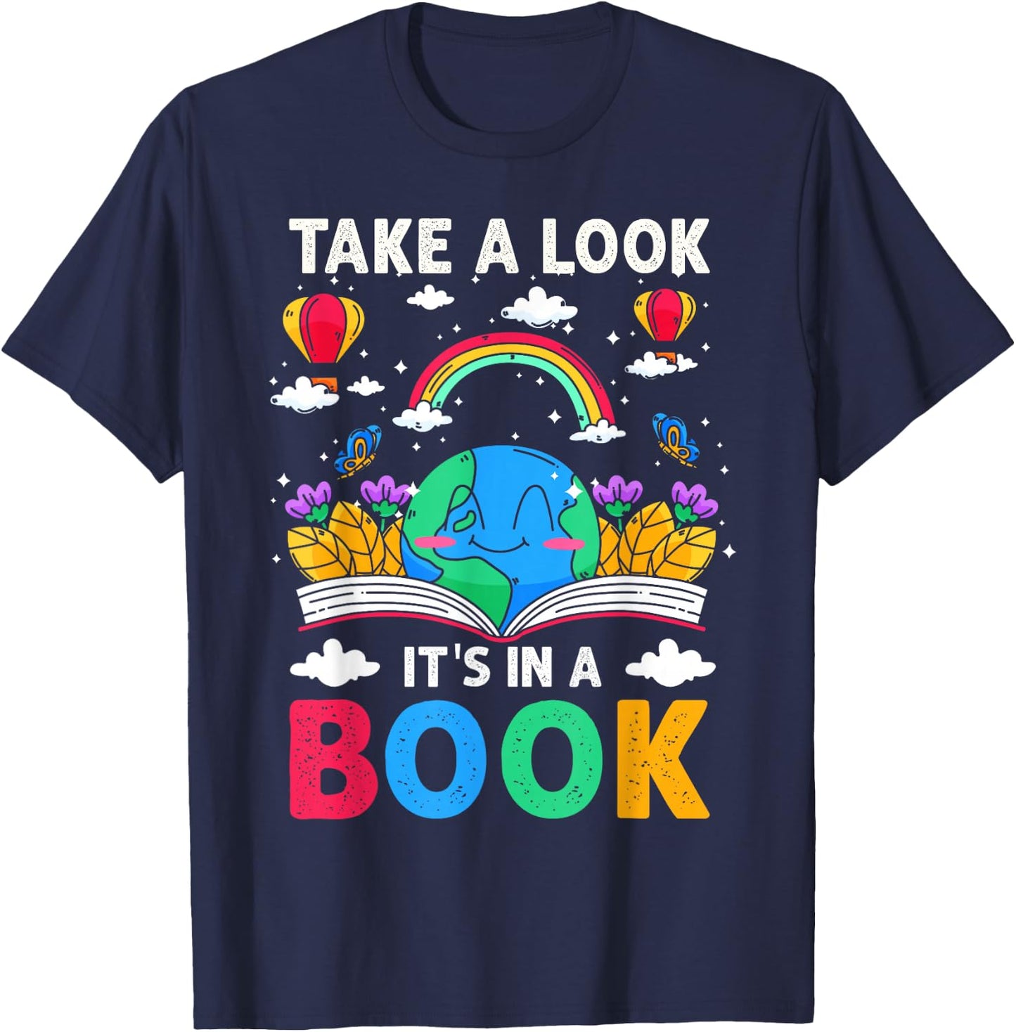 Take A Look It's in A Book Reading Vintage Retro Rainbow T-Shirt - T-Shirt | Navy