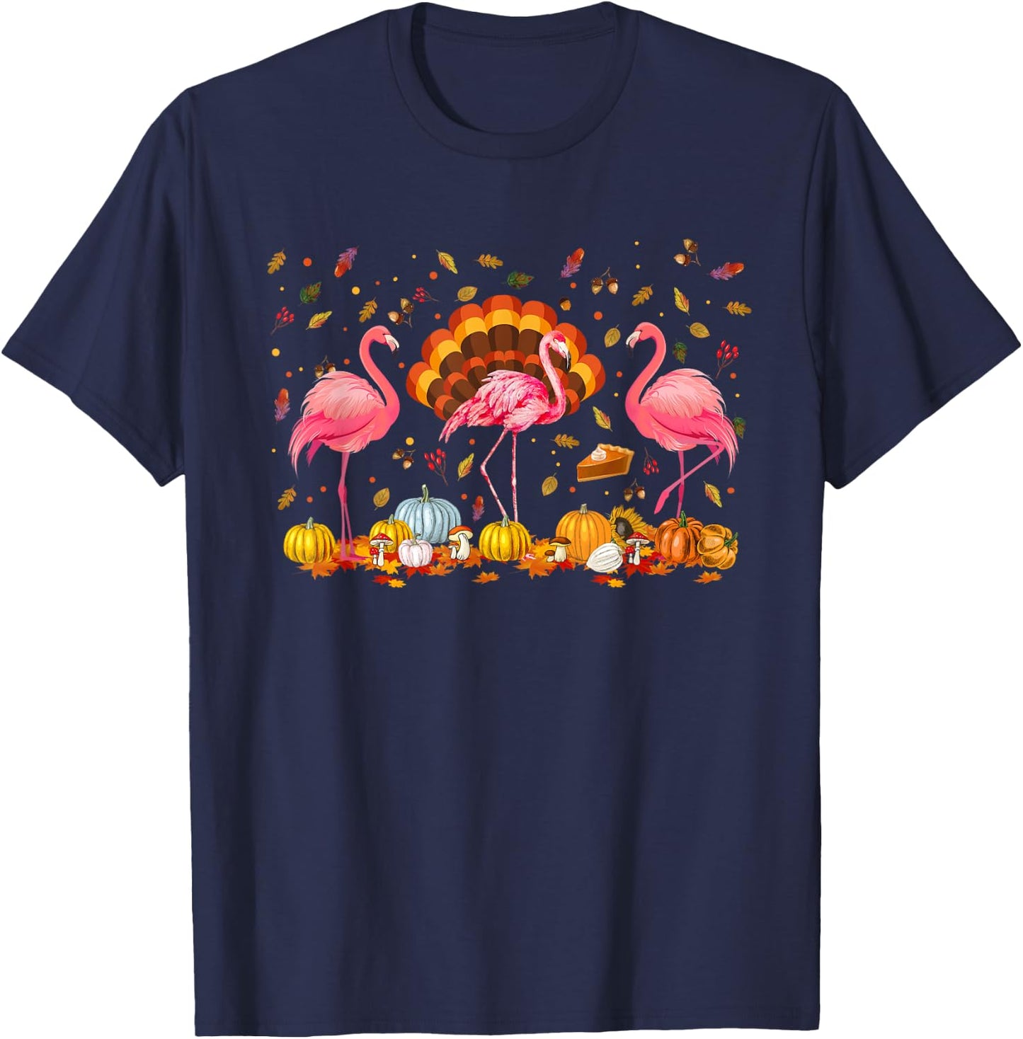 Happy Thanksgiving Flamingo Happy Fall Y'all Thankful Season T-Shirt - T-Shirt | Navy