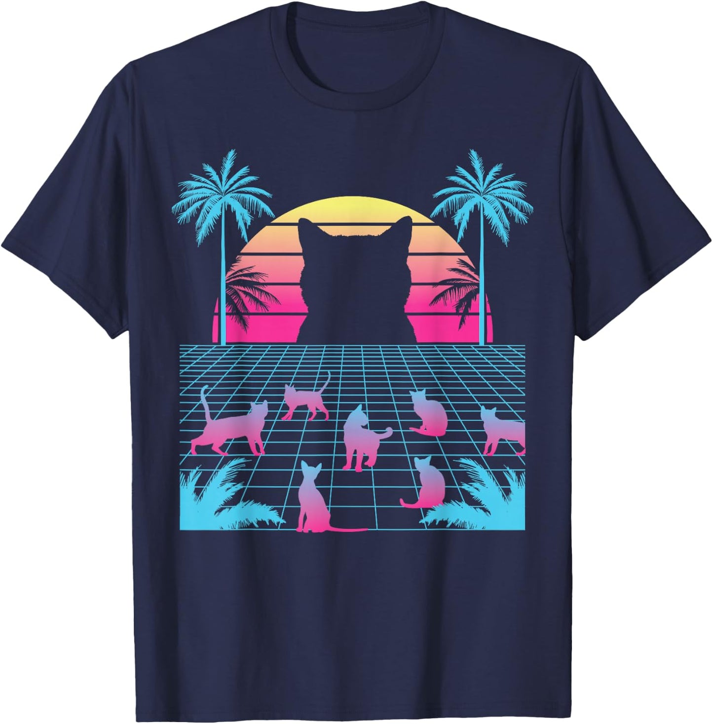 Vaporwave Cats - Retro Vintage Sunset - 80s 90s Japanese T-Shirt - T-Shirt | Navy