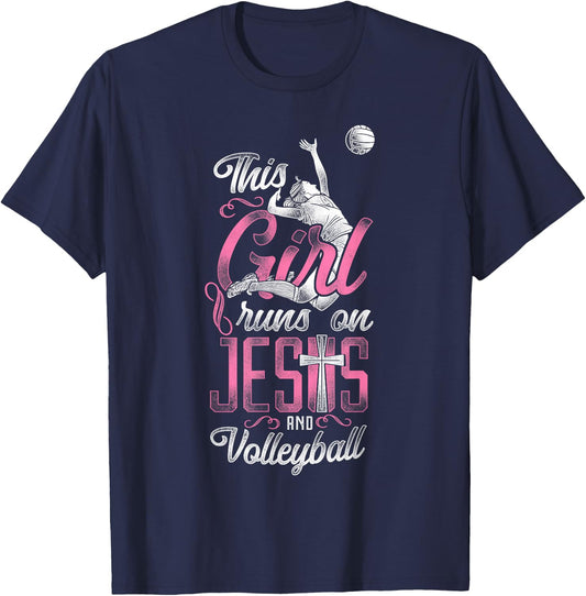 Volleyball Player Team Vintage This Girl Runs On Jesus And T-Shirt - T-Shirt | Navy