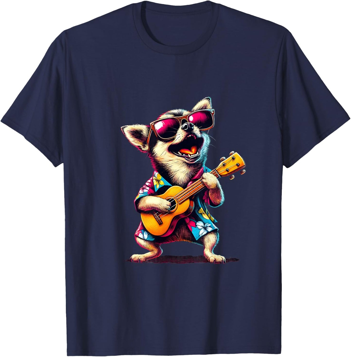 Chihuahua Wearing a Hawaiian Shirt, Playing a Ukulele T-Shirt - T-Shirt | Navy