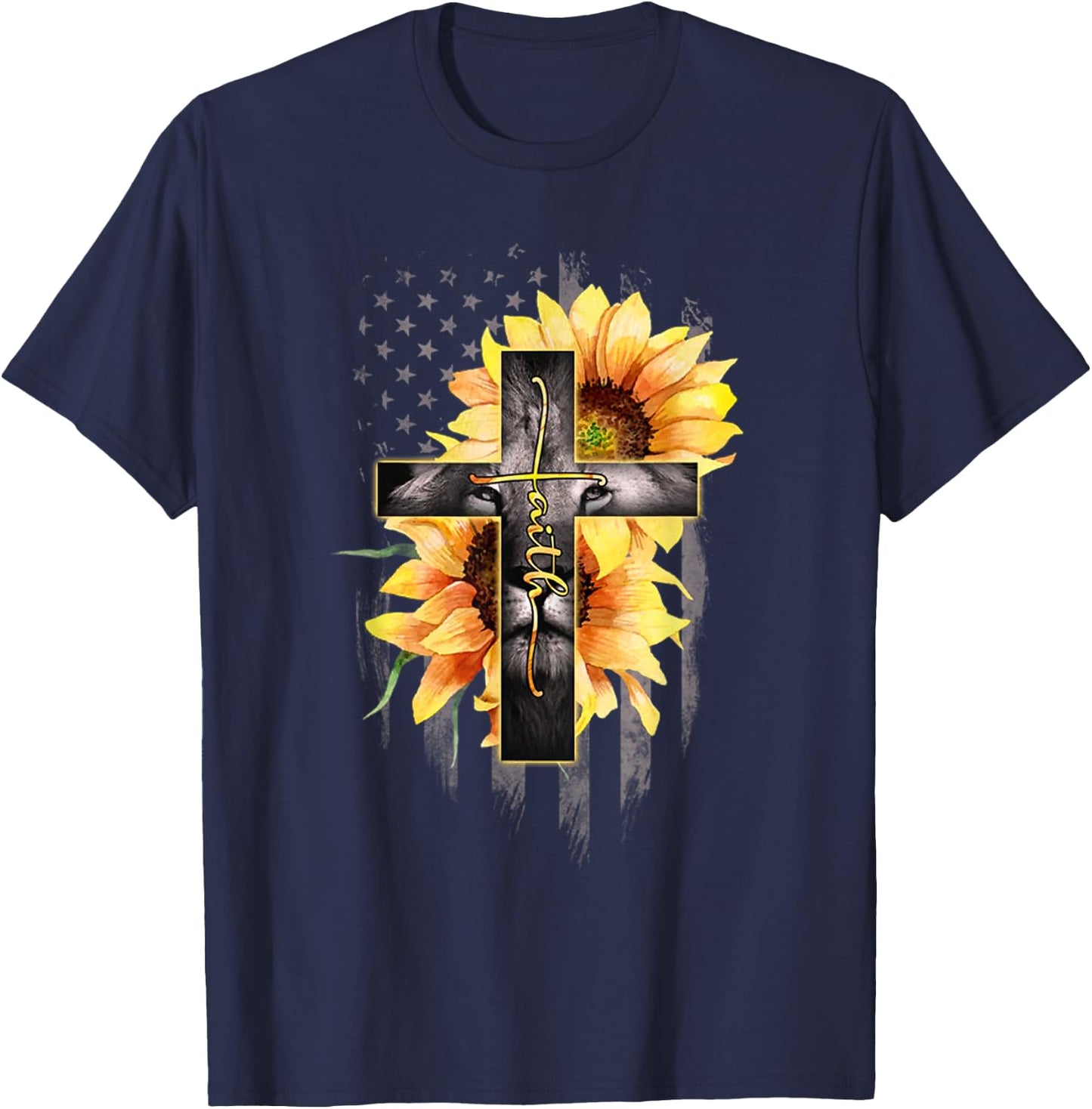 Faith Cross Christian Lion Sunflower American Flag T-Shirt - T-Shirt | Navy