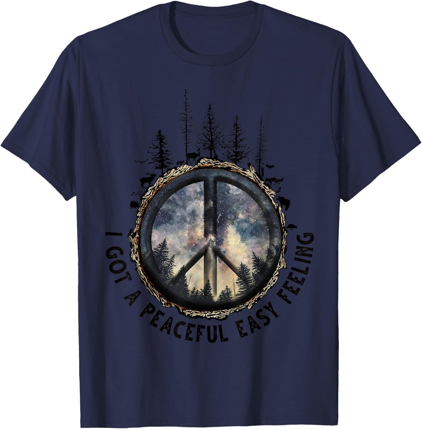 Hippie I Got An Easy Peaceful Feeling Forest Sky Peace Sign T-Shirt - T-Shirt | Navy