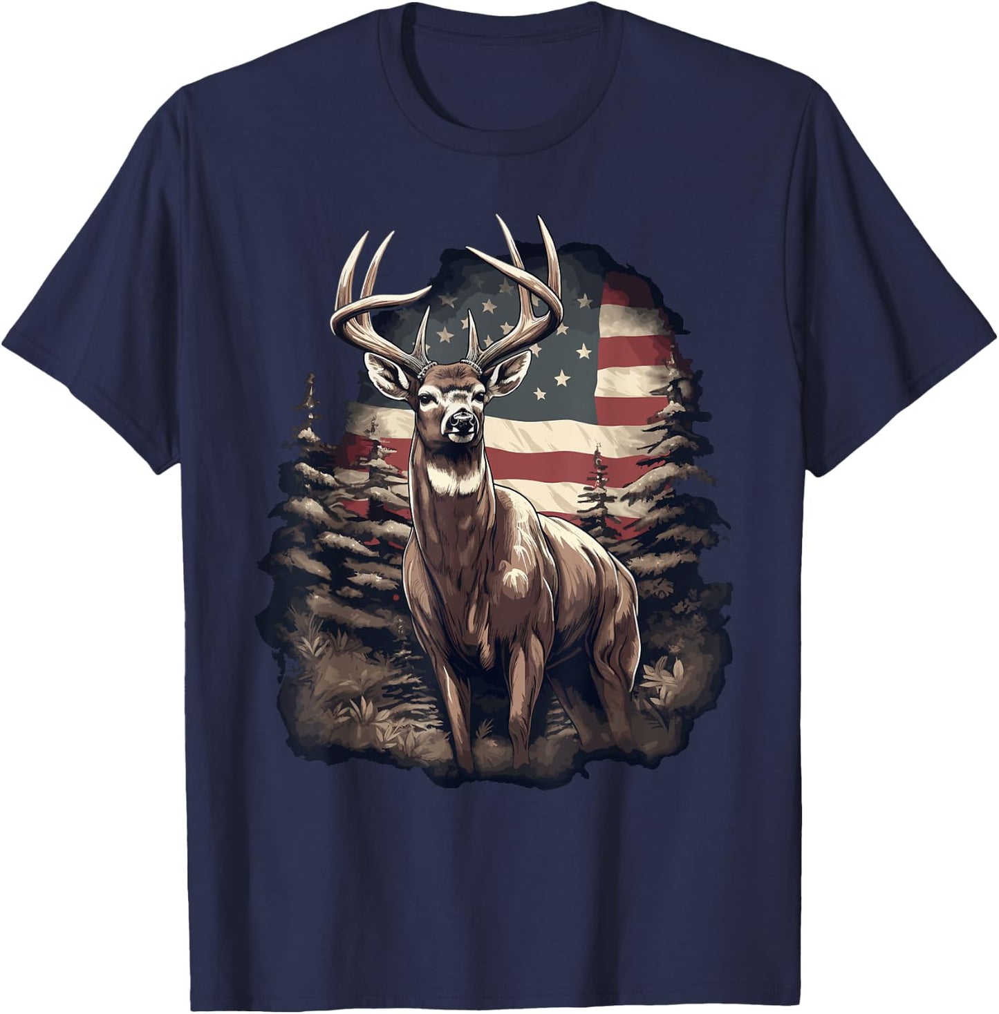 Whitetail Buck Deer Hunting US Flag Patriotic Hunter T-Shirt - T-Shirt | Navy
