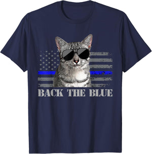 Back the Blue Police Cat Thin Blue Line American Flag Kids Men T-Shirt - T-Shirt | Navy