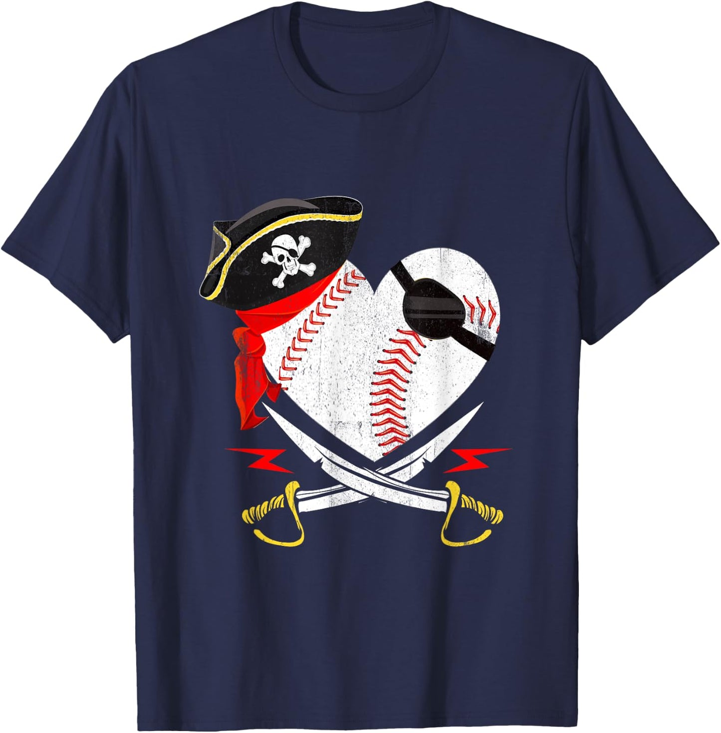The Vintage Pirate Baseball Softball Heart With Skull Hat T-Shirt - T-Shirt | Navy