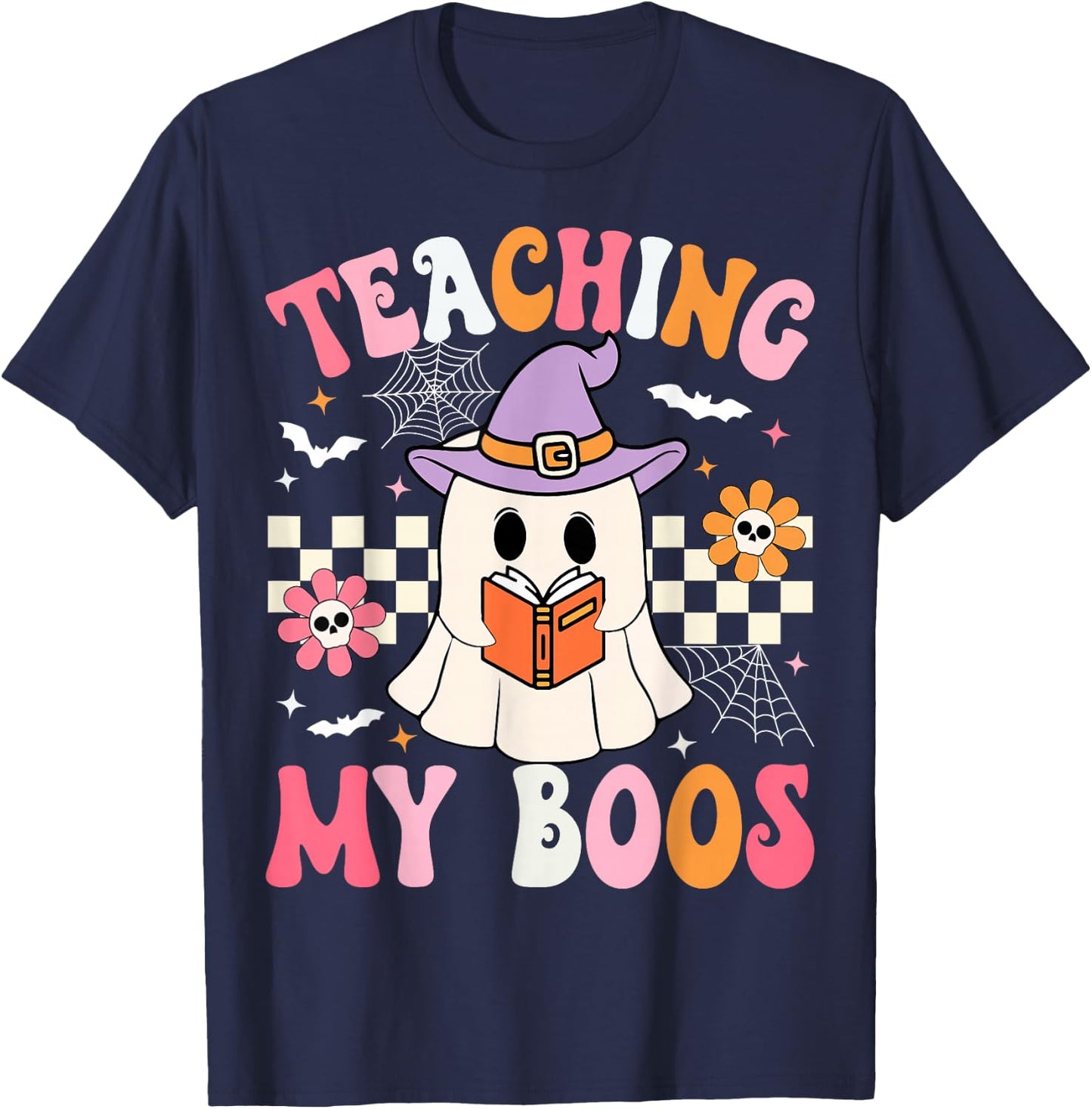 Groovy Teaching My Boos Teacher Ghost Halloween Teacher T-Shirt - T-Shirt | Navy