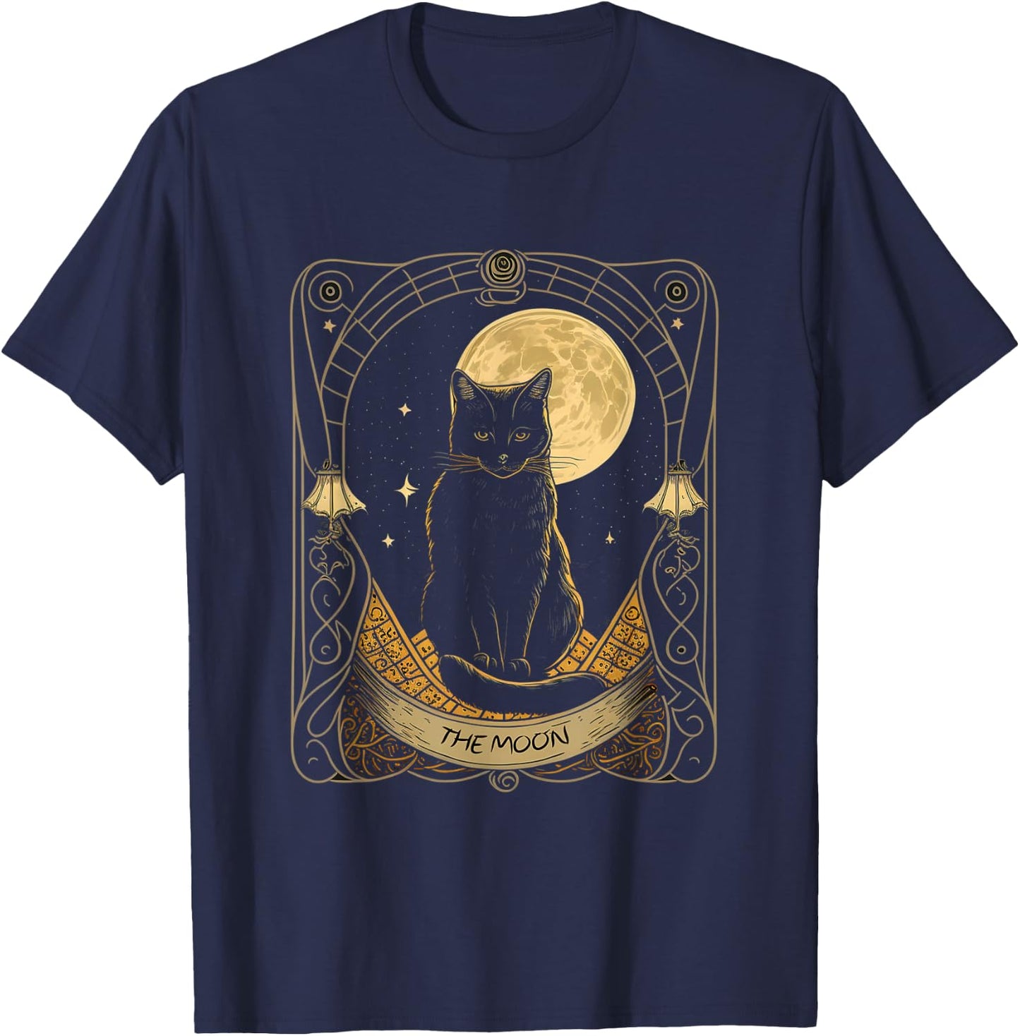 Tarot Card Crescent Moon And Cat Graphic T-Shirt - T-Shirt | Navy