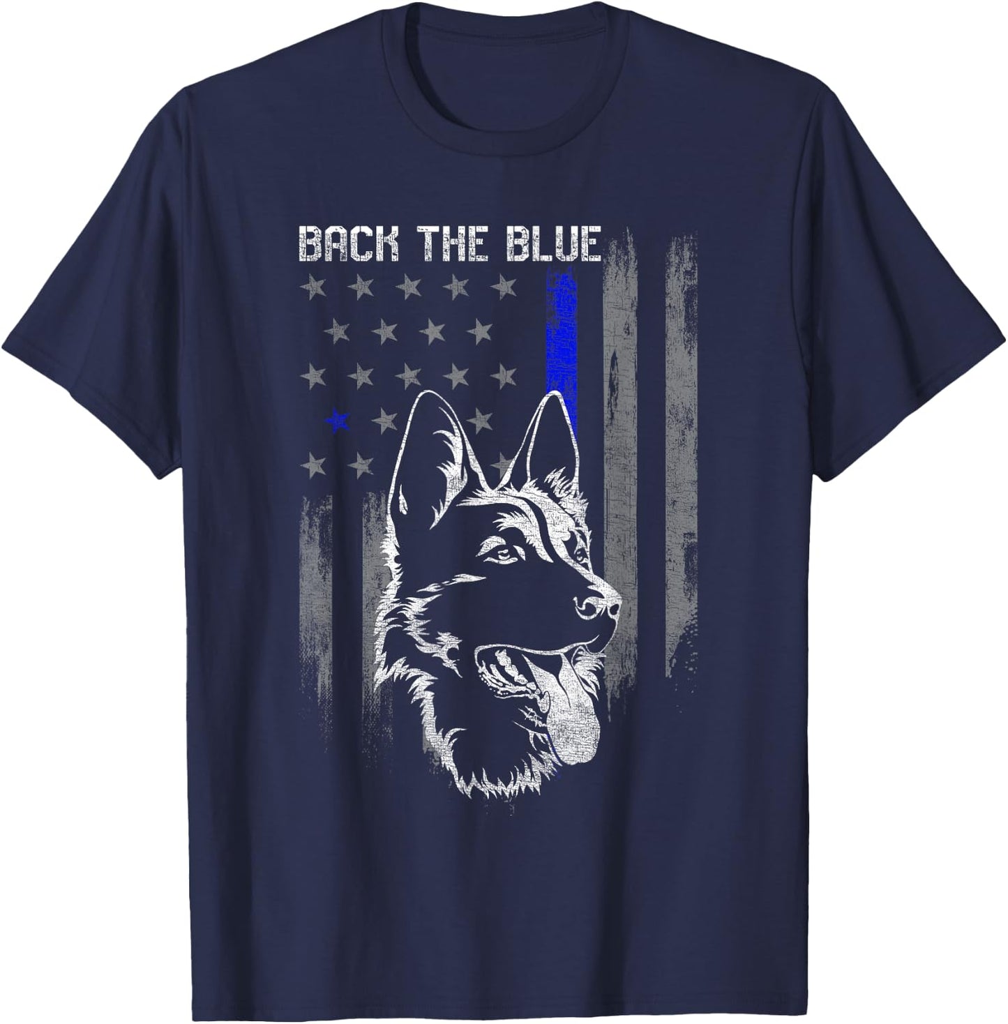 Back The Blue Thin Blue Line Flag German Shepherd Police T-Shirt - T-Shirt | Navy